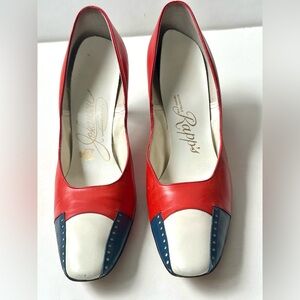 Vintage 60s Johansen Colorblock Red Blue White Women's Pumps Shoes Heels 7.5 AAA